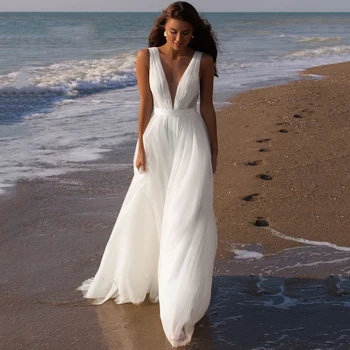 פשוט חוף שמלות חתונה לבנה V-צוואר סקסי ללא שרוולים שמלות כלה Vestido De Noiva בוהו שמלות חתונה גודל מותאם אישית