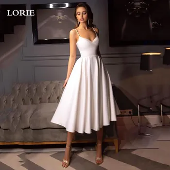 LORIE Slik סאטן קו קצר שמלות כלה רצועות ספגטי V צוואר שמלות כלה 2021 באורך קרסול ללא משענת שמלות כלה