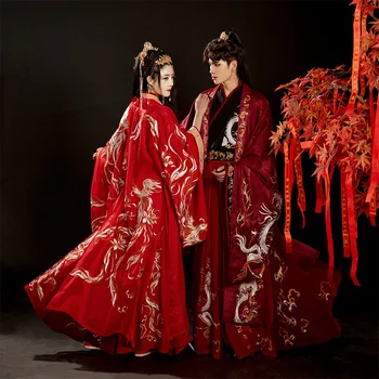 התאמה אישית המקורי הדרקון פניקס רקום גדול חולצה סינית מסורתית אדום Mens נשים Hanfu שמלת החתונה סט מלא תחפושות