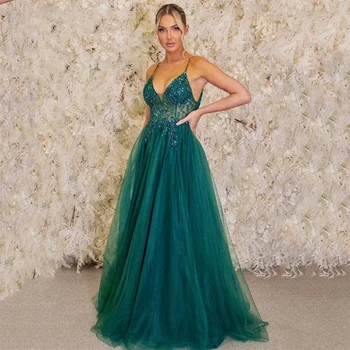 אלגנטי בצבע ירוק כהה קו שמלות לנשף 2024 פאייטים רצועות ספגטי Vestidos דה נוצ ' ה שרוולים טול فساتين مناسبة رسمية