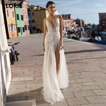 LORIE בוהמיה חוף שמלות כלה בתולת ים תחרה סקסית V-צוואר פתוח בגב אשליה שמלות כלה וינטאג', מסיבת חתונה שמלות 2020