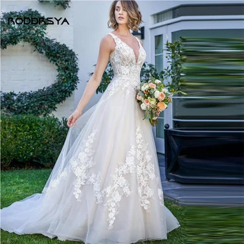 RODDRSYA V-צוואר בלי שרוולים שמלות חתונה 2023 אפליקציות תחרה קו A שמלות כלה קיץ פתוח בגב Vestido De נוביה בהזמנה אישית