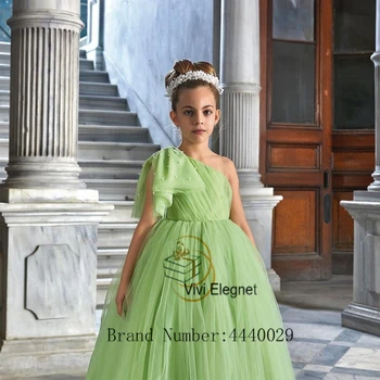 פשוט ירוק בהיר. פרח ילדה שמלות לנערות 2023 הקיץ ללא שרוולים רכים טול מסיבת חתונה שמלות חריץ קו فساتين اطفال