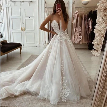 ANGELSBRIDEP עמוק V-צוואר שמלת נשף שמלות חתונה תחרה אפליקציה אלגנטית Vestido De Noiva אופנה שמלות כלה בתוספת גודל