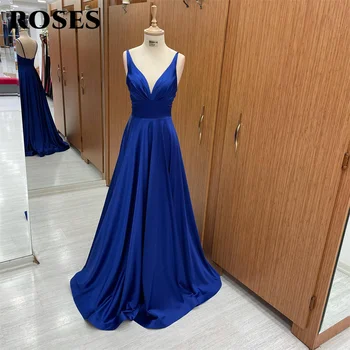 ורדים ספגטי רצועה כחול מלכותי שמלות רשמי כתם צוואר V שמלת מסיבת חתונה קו אירוע מיוחד שמלות חלוק לנשף