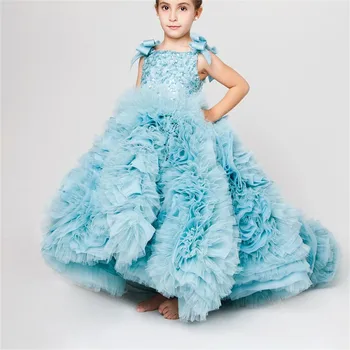 כחול ורך ללא שרוולים פרח שמלת ילדה לחגוג לילדים יום הולדת אורך רצפת נסיכה נצנצים רכבת משפט שמלות חריץ הכדור