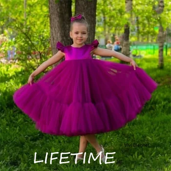 האופנה סקופ שרוולים פרח ילדה שמלות באורך קרסול טול לילדים 2023 מסיבת חתונה שמלות מיו فساتين اطفال للعيد הקיץ