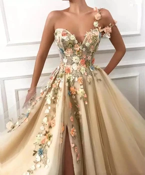 שמפניה פיצול שמלות לנשף 2023 נשים המסיבה הלילה Vestidos גאלה אפליקציות 3D פרחים שמלת ערב קו החלוק דה נשף
