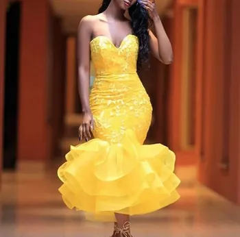 תה חם אורך צהוב בתולת ים תחרה שמלות לנשף סקסית אפליקציות שכבתי חצאית קוקטייל מסיבת בנות רשמי שמלות הנשף ללבוש.