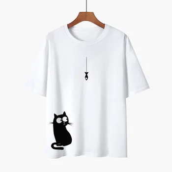 YRYT 2023 הקיץ חדש שרוול קצר חולצה חתול שחור הדפס שרוול קצר Loose חולצת טריקו נקבה העליון