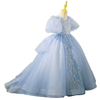 חרוזים BlueTulle הנסיכה שמלת החתונה לילדים אלגנטי יום הולדת קרנבל תחרות ביצועים השמלה 2-12 בנות
