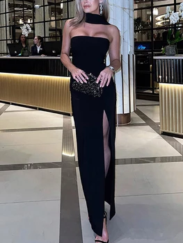נשים Elegent כתף אחת גבוהה פיצול es לחתוך בחזית טוויסט ללא משענת שמלת מסיבת קוקטייל זמן שסע, שמלה (C-שחור