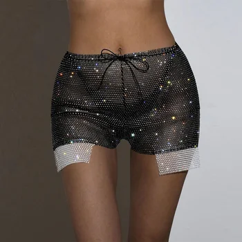 נשים הנוצץ של טלאים ריינסטון רשת מיני מכנסיים Slim Fit רזה ביצועים נצנצים קצרים Clubwear נלהבות מכנסיים קצרים