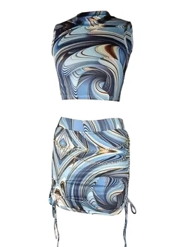 נשים Y2K שני חלקים, עניבה צבע קיץ חצאית להגדיר בנות סקסי הלטר הצוואר טלאים מקסימום קו Bodycon חצאית 2Pcs אופנת רחוב (כחול