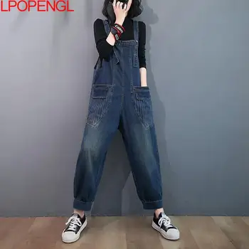 בציר האוברול ג ' ינס נשים בצד כיסים גדולים באגי Harajuku אוברול נשים רחב רגל סרבל שטף באיכות גבוהה בגדים 2023