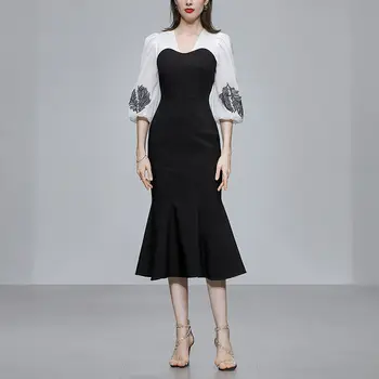 רקמה שחור ולבן קו-שמלה באביב קיץ 2023 שמלה של נשים קוריאני סגנון אלגנטי V-צוואר שרוול ארוך OL סגנון השמלה