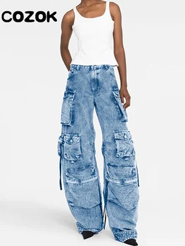 2023 הרחוב הפופולרי ג 'ינס מכנסיים נשים מכנסיים צבאיים גדולים רב-כיס גבוהים מותניים רחב הרגל אופנה ג' ינס רופף מנגב את המכנסיים