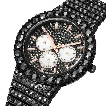 2022 MISSFOX היפ הופ מגניב שחור קוורץ שעונים לגברים מלא יהלומי יוקרה בלינג שעון יד גברי עמיד למים חדש שעונים תכשיטים AAA
