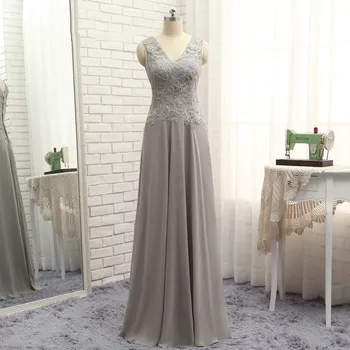 אפור האמא של הכלה שמלות קו A V-צוואר באורך רצפת שיפון אפליקציות בתוספת גודל ארוכה החתן אמא שמלות לחתונה