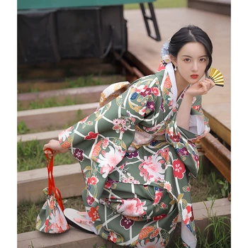 היפני המסורתי, הקימונו לנשים בצבע ירוק הדפסי פרחים קלאסי יאקאטה צילום השמלה Cosplay בגדי רחצה