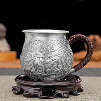 כסף טהור הציבור כוס תה המחיצה 999-יד חרוט עלה לוטוס פרח הסיני קונג פו הביתה צדק גביע