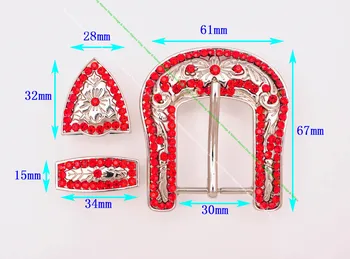 תכשיטים מכסף המערבי קאובוי ברודיאו 3PCS להגדיר פרח מגולף DIY החלפת אדום ריינסטון קריסטל אבזם החגורה מתאימה 30mm הרצועה.