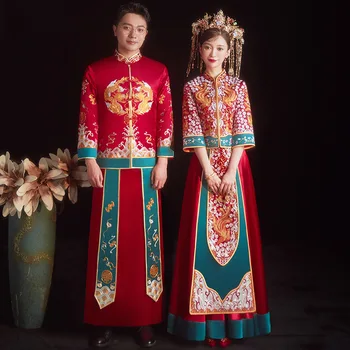 מעולה רקמה סאטן מנדרין צווארון נישואין Cheongsam אלגנטי סיני שני שמלת החתונה Свадебное платье