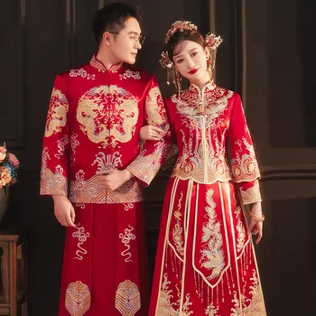 החתונה תחפושות בסגנון סיני הנישואין החתן להגדיר טוסט בגדים הדרקון רקמה Cheongsam גודל גדול китайская одежда