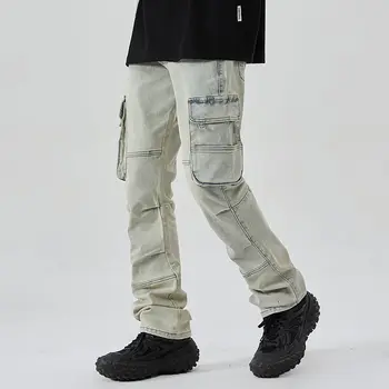 אמריקן היי סטריט ג 'ינס של גברים רפויים צינור ישרה עיצוב שטף מטען מזדמנים מכנסיים ארוכים, גברים ג' ינס מכנסי דגמ 