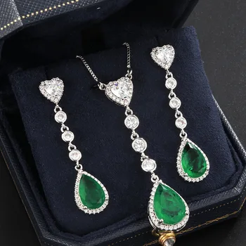 כסף סטרלינג 925 ציצית בצורת לב טיפות מים שרשרת תליון עגילים להגדיר נשים הברקת תכשיטים, תכשיטי אופנה