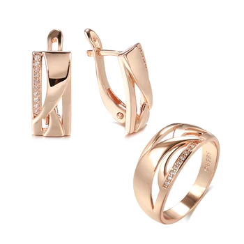 Kinel חדש 585 רוז זהב מרובע זרוק עגילים טבעת Stes אופנה נשים גיאומטריה טבעית טבעת זירקון בסדר יומי בוהו סט התכשיטים