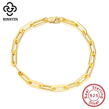 Rinntin 14K מצופה זהב אמיתי 925 כסף סטרלינג אטב קישור שרשרת צמיד לנשים גברים יד תכשיטים צמיד SB109