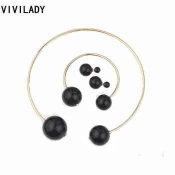 VIVILADY 3pcs/סט שחור אופנה חיקוי פרל סטי תכשיטי נשים החתונה קריסטל שרשרת צמיד עגילי חרוזים קולר מתנה.