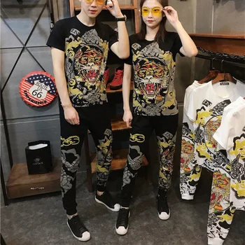 קרח משי חליפת קיץ חדש הזוג סטודנט קוריאני רופף אופנה נאה של גברים ונשים בגדים סט של שרוול קצר מכנסיים