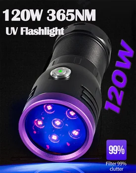 120W 6pcs 4 ליבות 365NM UV פנס מתח גבוה מראה שחור סגול אור גילוי לפיד Type-C נטענת פנס להשתמש 18650
